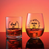 2 x Brand New Joeyan Handmade Mom Dad Off Duty 520ml Red Wine Glasses and 360ml Whiskey Glasses with Printed Decal,Gift for Mother s Father s Day Birthday Anniversary for Dad Mom - RRP €40.8