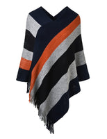 12 x Brand New Ferand - Women s Knitted Pullover Poncho - Stole, Elegant Shawl, Large Striped and Fringed Design, Warm - One Size - Navy Blue and Black - RRP €374.16