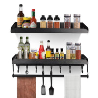 1 x RAW Customer Returns DBREAKS 2-piece spice rack wall, 40cm kitchen holder, with kitchen roll holder and 8 hooks, black spice rack hanging without drilling, stainless steel wall mounting wall organizer for spices cupboard door bathroom - RRP €27.22