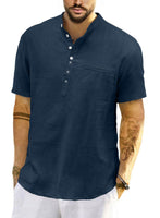 1 x RAW Customer Returns Meilicloth Men s Cotton Linen Shirt Men s Shirt Short Sleeve Henley Summer Shirt Regular Fit Casual Shirt with Pockets Navy Blue L - RRP €25.19