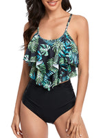 1 x RAW Customer Returns FLYILY Tankini High Waist Women s Two-Piece Bikini Set Swimsuit Ruffle Printed Swimwear with High Waist Bikini Bottoms Tankini Top Beach Wear 1-BigLeaf, L  - RRP €28.99