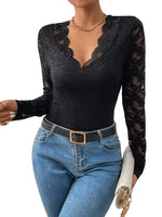 1 x RAW Customer Returns GORGLITTER Women s Body Lace Bodysuit Transparent Top Lace Body Slim T-Shirt Party Bodysuits with Scalloped Edge V-Neck Black XL - RRP €31.25