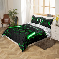 1 x RAW Customer Returns Geometric Gamer Duvet Cover Set Neon Light Geometric Comforter Cover Honeycomb Gamepad Gaming Bedding Sets for Kids Teen Boys Beehive Hexagon Duvet Cover 2 Pieces 135x200 Grey Green - RRP €30.24