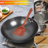 1 x RAW Customer Returns Wok pan with lid, 33cm wok pan made of carbon steel for stirring and frying with wooden spatula, wok made of carbon steel, nitrided non-stick Chinese wok with flat bottom for induction, electric gas stove - RRP €50.41