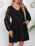 1 x RAW Customer Returns chuangminghangqi Summer Mini Dress for Women V Neck Lantern Sleeve Dress with Sleeves Lace Long Cutout Sexy Elegant Pockets Beach Holiday Black 36 - RRP €24.98