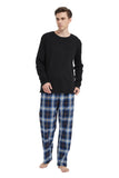 1 x RAW Customer Returns GLOBAL Men s Flannel Pajamas Men s Cotton Pajamas Set Long Sleeve Pullover Top and Elastic Bottoms with Drawstring Soft Comfortable Black Top, Dark Blue Checked Pants S - RRP €32.99