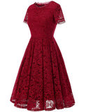 1 x RAW Customer Returns DRESSTELLS women s lace dress mother of the bride dresses, knee-length elegant bridesmaid cocktail dress, rockabilly floral dress short sleeve dark red 3XL - RRP €51.99