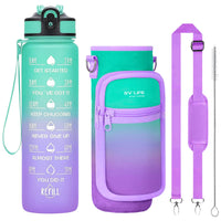 1 x RAW Customer Returns Motivational water bottle 1L incl. neoprene cover with pockets, strap, straw, brush Waterproof automatic stopper with safety lock Drinking bottle for gym, sports, trekking BPA-free - RRP €20.16