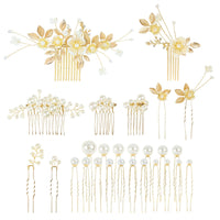 1 x RAW Customer Returns Cinaci 27pcs Glitter Gold Rhinestone Pearls Leaf Flower Bridal Metal Side Combs U Shaped Hair Pins Clips Hair Clips Headpiece Wedding Hair Accessories for Women Bride Bridesmaids - RRP €11.75