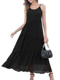 1 x RAW Customer Returns Missufe Beach Dress Summer Maxi Dress Chiffon Strap Dress Women s Casual Dress Sleeveless Spaghetti Straps Tiered Long Dresses Black, X-Large  - RRP €38.3