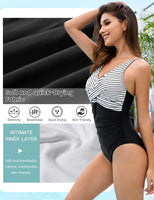 1 x RAW Customer Returns UMIPUBO Swimsuit Women Tummy Control Push Up Swimwear Sexy V Neck Monokini Plus Size One Piece Swimsuits with Underwire Swimwear Black Stripes, M  - RRP €37.99