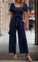 1 x RAW Customer Returns Toplop Jumpsuit Women Elegant Summer Pantsuit with Square Neckline and Belt Short Sleeve Puff Sleeves Wide Trouser Leg 362 Dark Blue Small - RRP €58.68