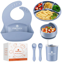 1 x RAW Customer Returns FUNYKICH baby tableware set with suction cup, silicone baby food set with children s plate, bib, bowl, spoon, fork, baby drinking cup, brush, microwave safe, dishwasher safe, BPA free blue  - RRP €19.66