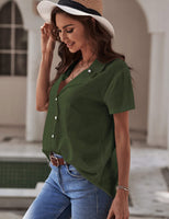 1 x RAW Customer Returns PASUDA Women s Summer Shirt Women s Blouse Short Sleeve Elegant Cotton Blouse V-Neck T-Shirt Top with Buttons Casual Fashion T Shirt Solid Color Classic Knitted Tees Green, S  - RRP €35.99