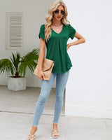 1 x Brand New Women s Summer Petal Short Sleeve T-Shirt V-Neck Elegant Blouse Ruffled Printed Tunic Tops Top 2023, A Dark Green, M - RRP €26.94