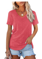 1 x RAW Customer Returns Amoretu Summer Tunic Women Elegant V Neck T-Shirt Wide Shirts Blouse Pink M - RRP €23.99