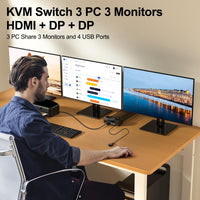 1 x RAW Customer Returns USB 3.0 KVM Switch 3 PC 3 Monitors, Triple Monitors KVM Switch 2 Displayport HDMI, 8K 60Hz KVM Switch 4K 144Hz, KVM Switch Displayport 1.4 HDMI 2.1 for 3 PCs share mouse, keyboard and 3 monitors  - RRP €142.79