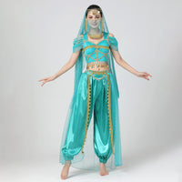 1 x RAW Customer Returns IMEKIS Women s Jasmine Costume Aladdin Princess Cosplay Dress Halloween Dress Up Fancy Carnival Party Outfit Crop Top with Pants Headscarf Arabian Belly Dance Costume Green M - RRP €53.65