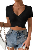 1 x RAW Customer Returns GORGLITTER Crop Shirt Women s Short Sleeve Crop Top Crop Top with Neckline Top with Cross Strap V Neck Summer Tops Black S - RRP €24.19