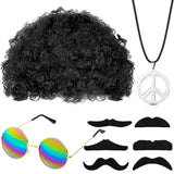 1 x Brand New Hippie Wig Costume Accessories, Hippie Costume Set with Afro Wig Sunglasses Peace Sign Necklace Fake Mustaches for Men Women Carnival Party 60s 70s - RRP €19.2