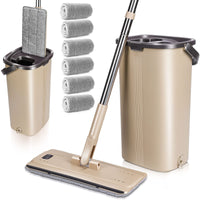 1 x RAW Customer Returns MASTERTOP mop set with bucket, 2 in 1 floor mop with 132cm stainless steel handle and 6 microfiber mop heads, hands-free mop cleaning bucket with wringing function for hardwood laminate tiles beige  - RRP €40.02