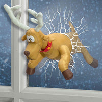 1 x RAW Customer Returns Celebright Animated Christmas Reindeer Crashing Decoration - Festive fun as Rudolph runs through the window and kicks his legs as he tries Brown, Starry Reindeer  - RRP €21.17