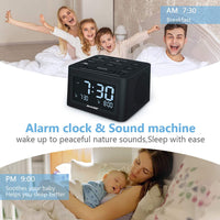 1 x RAW Customer Returns REACHER Digital Alarm Clock and Sleep Aid White Noise with Adjustable Volume, 6 Alarm Tones, 12 Soothing Sounds for Sleeping, Auto-Off Timer, USB Charger, Battery Backup, 0-100 Dimmer - RRP €29.99