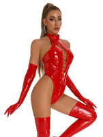 1 x RAW Customer Returns FEOYA Latex Lingerie Women Sexy Ladies Wet Look PVC Leather Lingerie Bodysuit Sexy Sleeveless Tie Straps Deep V-Neck Bodycon Bodysuits Women Nightwear Clubwear Dance Party Costume D-Red XL - RRP €29.98