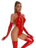 1 x RAW Customer Returns FEOYA Latex Lingerie Women Sexy Ladies Wet Look PVC Leather Lingerie Bodysuit Sexy Sleeveless Tie Straps Deep V-Neck Bodycon Bodysuits Women Nightwear Clubwear Dance Party Costume D-Red XL - RRP €29.98