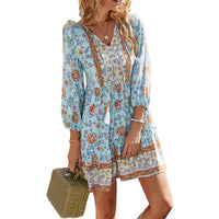 1 x RAW Customer Returns Bellezasourire Women s Tunic Dress 3 4 Sleeve V Neck Button Placket Fringe Floral Print Boho Dress Women L, Blue  - RRP €27.22