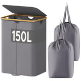 1 x RAW Customer Returns Lifewit laundry basket grey with lid, laundry box 2 compartments 150L with bamboo handle and 2 removable inner pockets laundry bag for laundry, dirty laundry container for bedroom, dormitory, laundry room - RRP €43.2