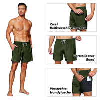 1 x RAW Customer Returns HMIYA Men s Swimming Trunks 2 in 1 Swimming Shorts Quick-Drying Short Board Shorts with Compression and Zip Pockets Green 01 4XL  - RRP €29.23