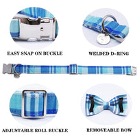 1 x Brand New DOGWONG Dog Collar with Removable Bow Tie, Blue Plaid Pet Collar Dog Bow Tie Gift for Girl or Boy Dogs, Comfortable Adjustable Dog Collar for Small Medium Dogs - RRP €14.99