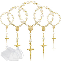 1 x RAW Customer Returns Junkin Pack of 30 Christening Rosary Rosaries Made of Acrylic Ivory Mini Finger Baptism Rosaries Artificial Pearls with Organza Bag for Baptisms Weddings Favors Gold  - RRP €25.2