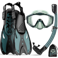 1 x RAW Customer Returns Adult Snorkel Set with Fins, Anti-Fog Panoramic Wide View Diving Goggles, Premium Dry Snorkel and Diving Fins for Adults, 3 in 1 Diving Equipment Set S M 35-42, Dark Green  - RRP €39.5