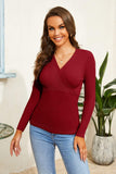 1 x RAW Customer Returns Wenrine Women s Long Sleeve V-Neck Wrap Sexy Pullover Slim Fit Ribbed Tops, Wine Red, M - RRP €33.26