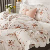 1 x RAW Customer Returns Freyamy Bed Linen 155x220cm 2-piece White Brown Flowers Ruffles Reversible Bed Linen Microfiber Soft Bedding Sets Romantic Girls Duvet Cover with Zipper and Pillowcase 80x80cm - RRP €34.85