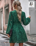 1 x RAW Customer Returns BebreezChic Dress Women Long Sleeve Elegant V-Neck Mini Dress Solid Color Flowers High Waist Pleated Party Dress Casual for Spring Summer 2023, Green S - RRP €39.31