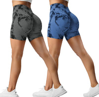 1 x RAW Customer Returns ZAAYO 2 Pack Sports Shorts Women Butt Scrunch Short Sports Pants Running Pants High Waist Shorts Butt Lift Booty Seamless Fitness Tie Dye Gym Shorts Black Grey-Dark Blue Medium - RRP €39.99