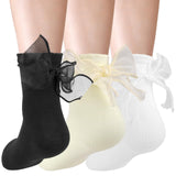 6 x Brand New KALIONE Bow Socks Women, 3 Pairs Ruffle Socks, Ruffle Socks with Bow, Nude Cute Cotton Crew Socks with Lettuce Trim, High Ankle Socks with Cuff - RRP €18.06