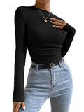 1 x Brand New GORGLITTER women s crop top waffle knit crop top long sleeve t-shirt cropped sweater basic tops autumn shirts black L - RRP €22.99