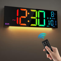 1 x RAW Customer Returns HAITANG 16 Black Large Digital Wall Clock for Living Room, Remote Control, Dual Alarm, 8 RGB Colors, Large LED Display, Auto Brightness, Date, Auto Daylight Saving Time, Temperature - RRP €44.26