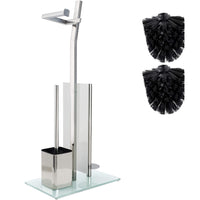 1 x RAW Customer Returns Free Standing Toilet Roll Holder And Toilet Brush - In Polished Chrome Toilet Paper Holder And Toilet Brush - Toilet Roll Holder Without The Need For Drilling - In Brushed Stainless Steel And Glass Base - 32X20X70 cm - RRP €44.99