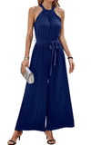 2 x RAW Customer Returns Toplop Jumpsuit Women Elegant Sleeveless Trouser Suit Summer Round Neck Pleated Jumpsuit Halterneck Overall with Belt and Wide Trouser Leg Dark Blue Large - RRP €80.66