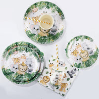 1 x RAW Customer Returns Jungle Safari Party Tableware Set, Boy Disposable Tableware Set 100 Pieces Paper Plates Cups Napkins Straws for Wild One Children s Birthday Party Decoration Baby Shower - RRP €18.14