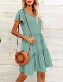 1 x RAW Customer Returns Hotouch Women s Summer Dresses V-Neck Short Sleeve Dresses Loose Ruffle Casual Dresses Solid Color Beach Dresses Mini Dresses Elegant A-Line Shirt Dresses Casual Dress Gray Green S - RRP €30.24