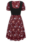 1 x Brand New SCARLET DARKNESS Gothic Short Sleeve Square Collar Dress with Belt, Wine Red with Flowers, XXL - RRP €24.99