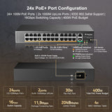 1 x RAW Customer Returns MokerLink 24 Port PoE Switch, 2 Gigabit Uplink Ethernet Port, 400 W Hochleistung, Unterst tzung von IEEE802.3af at und Nicht verwaltetem PoE f r die Rackmontage - RRP €120.28