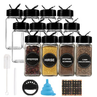 1 x RAW Customer Returns pojah 12-piece spice jar set, 120 ml glass spice jars square storage with black lid, funnel, brush, labels chalk pen, 10.5 x 4.3 cm - RRP €19.54