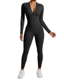 1 x RAW Customer Returns RXRXCOCO Ribbed Long Sleeve Jumpsuits Women with Zipper Tight Round Neck One Piece Tummy Control Sports Yoga Overall Romper Black M - RRP €26.21